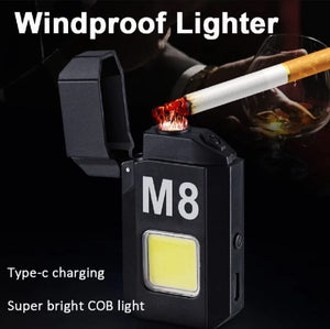 Cob Led Flahlight With Lighters Dual Arc Pulse Flameless Lighter Type C Rechargeable Lighter Work Light Mini Light Men’s Gift