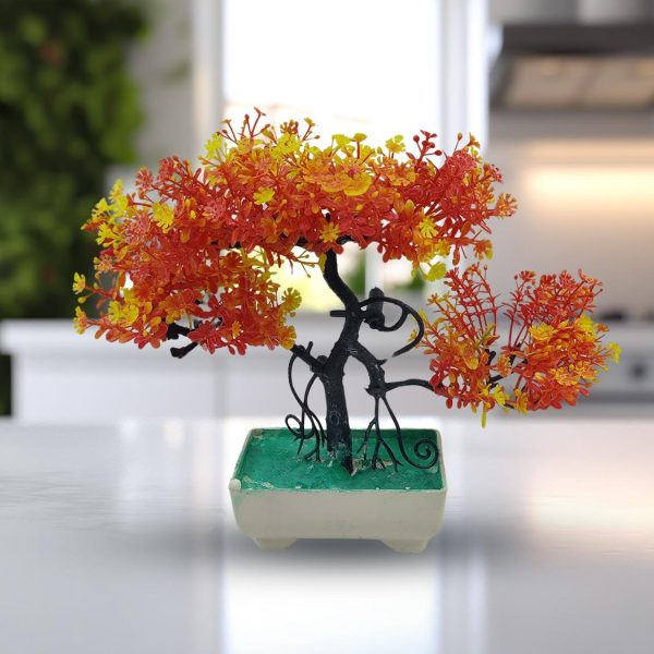Pack Of 3 Bonsai Trees, ( Green, Yellow, Orange ) Room Decor Bonsai Tree For Home Bedroom Farmhouse Office Desk Decor, Artificial Bonsai Trees | Fake Pot | Best Artificial Pot