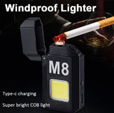 Cob Led Flahlight With Lighters Dual Arc Pulse Flameless Lighter Type C Rechargeable Lighter Work Light Mini Light Men’s Gift